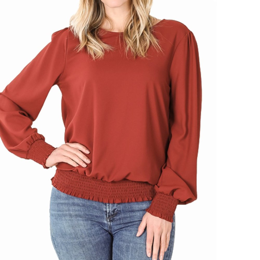 Fired Brick Puff Sleeve Smocked Hem/Cuff Blouse